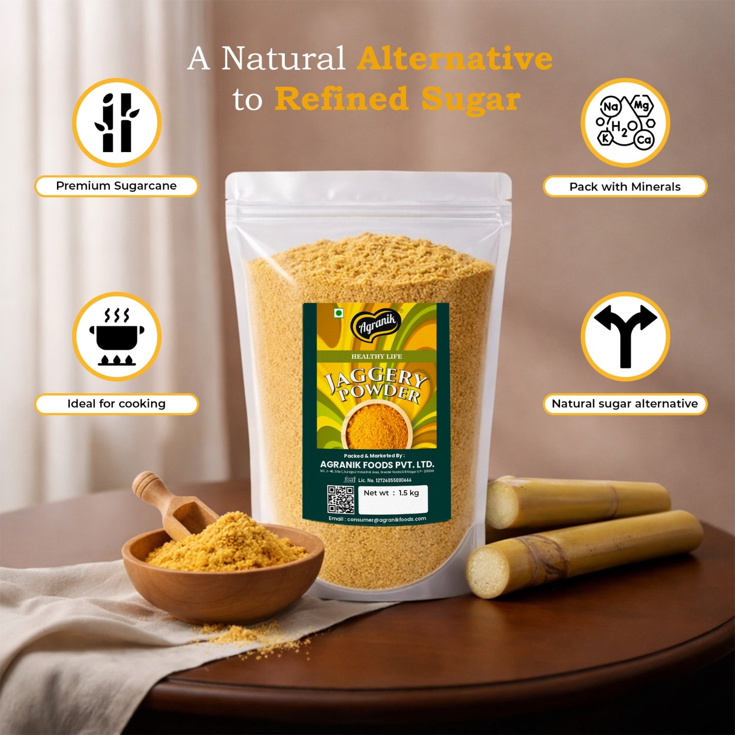 Agranik Pure Jaggery Powder (Gur Powder) | 100% Natural and Chemical Free Made from Sugarcane-1.5kg