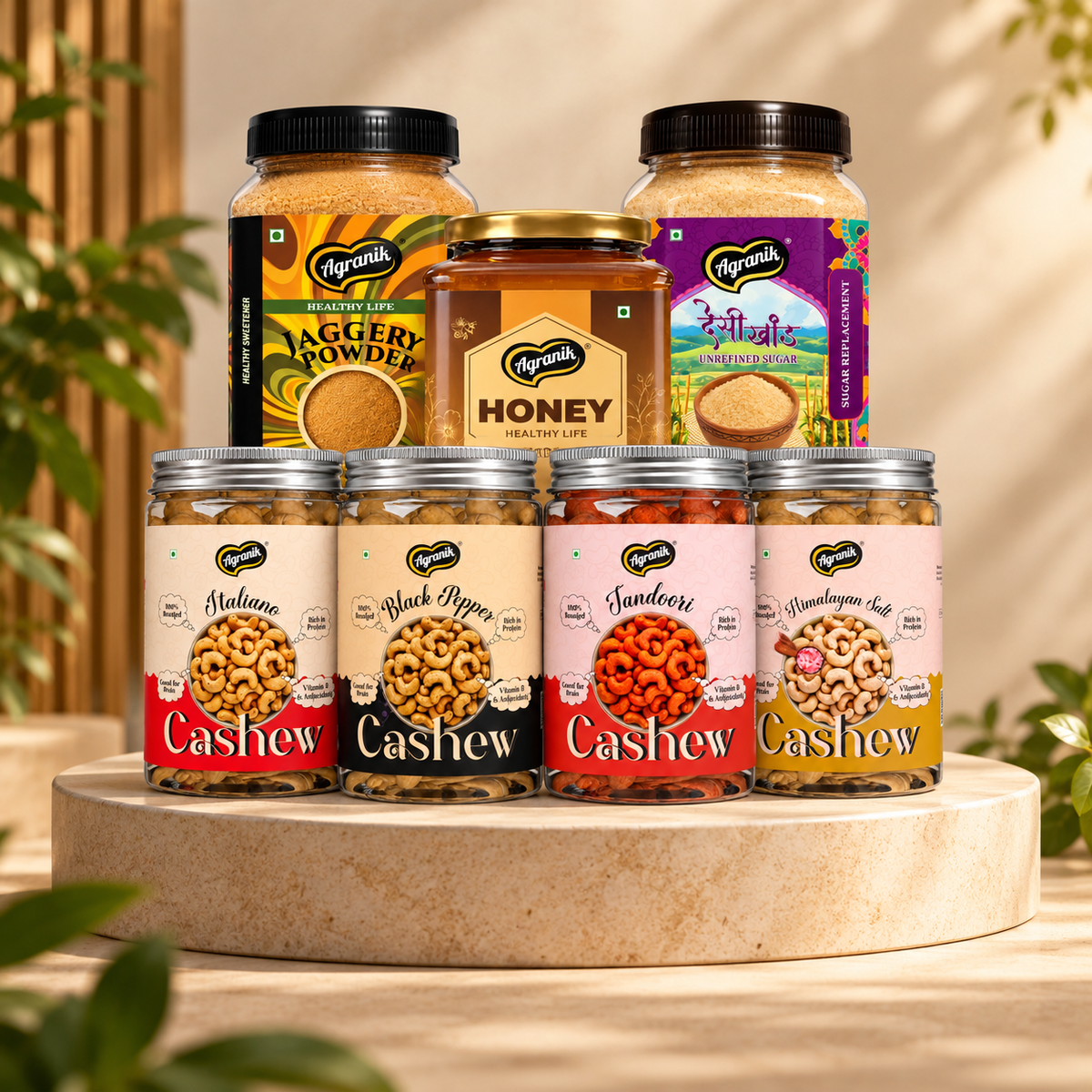 Agranik Celebration Gift Pack Set 1 Premium Roasted Cashew Four Flavours 4x160g (Tandoori, Italiano, Black Pepper, Himalayan Salt), Jaggery Powder 700g, Himalayan Honey 500g, Desi Khand 700g