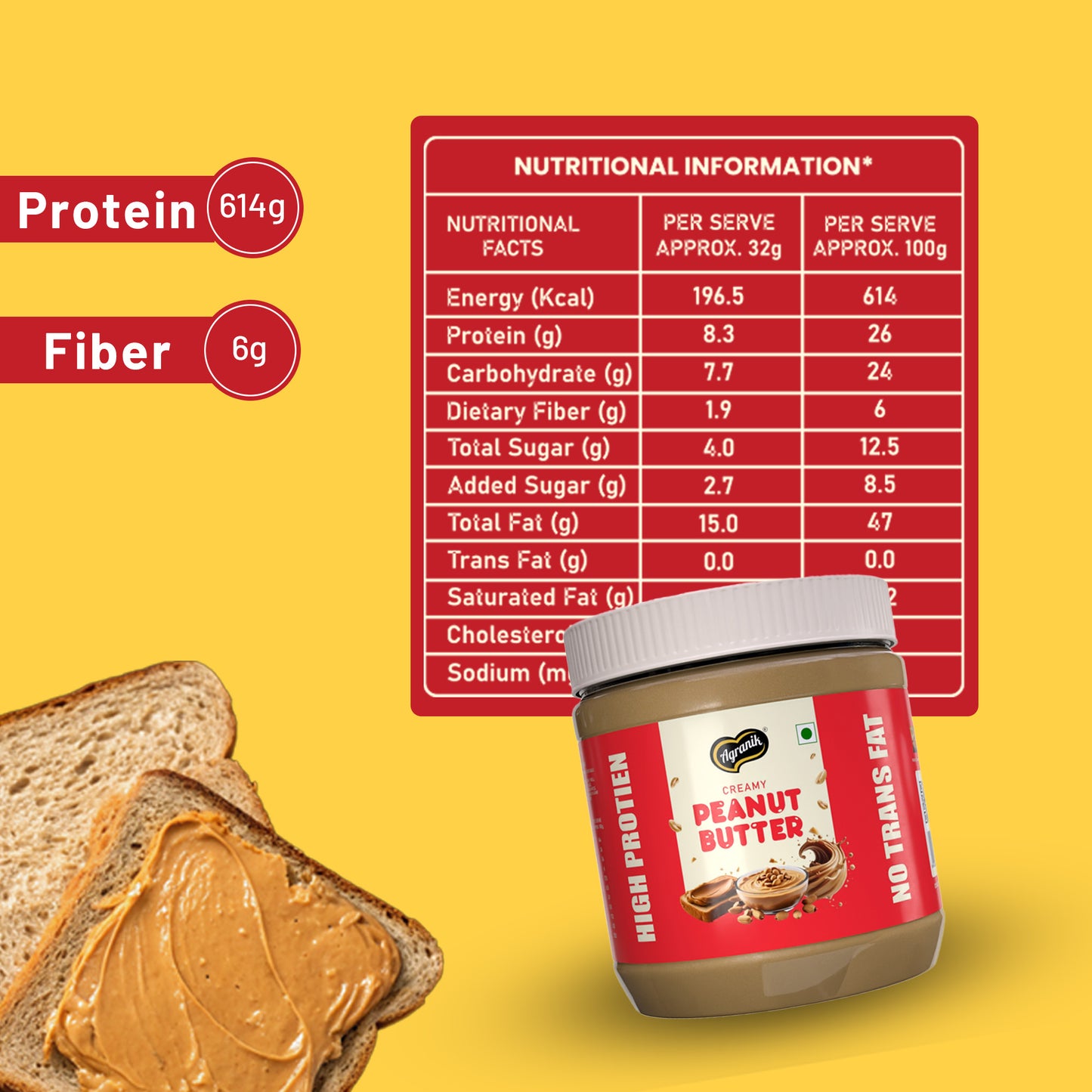 Agranik High Protein Creamy Peanut Butter Original Flavour Delicious Spread for Daily Use | Dual Pack Combo - Buy 1 Get 1 Free