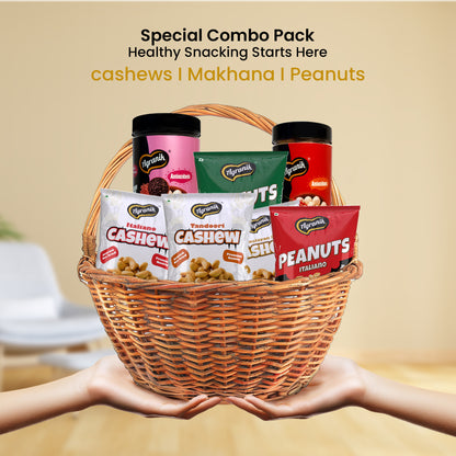 Agranik Healthy Snack Combo Roasted Makhana + Roasted Cashew + Roasted Peanuts Multiflavour Combo Pack of 9 (79Gx3 Makhana, 50Gx3 Cashews, 75G x 3 Peanuts)