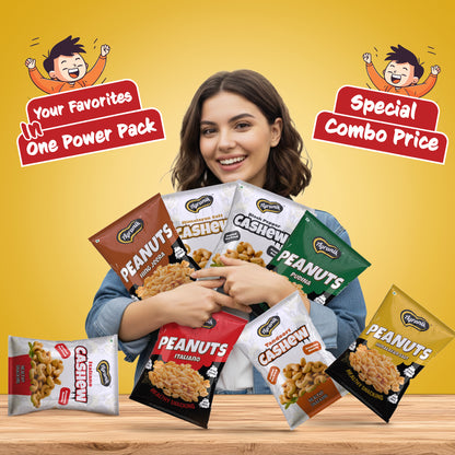 Agranik Healthy Snack Combo Roasted Cashew + Roasted Peanuts Multiflavour Combo | No Palm Oil, No Preservatives | High Protein Snack for Anytime Snacking - Pack of 8 (75G x 4 Peanuts + 50G x 4 Cashews)
