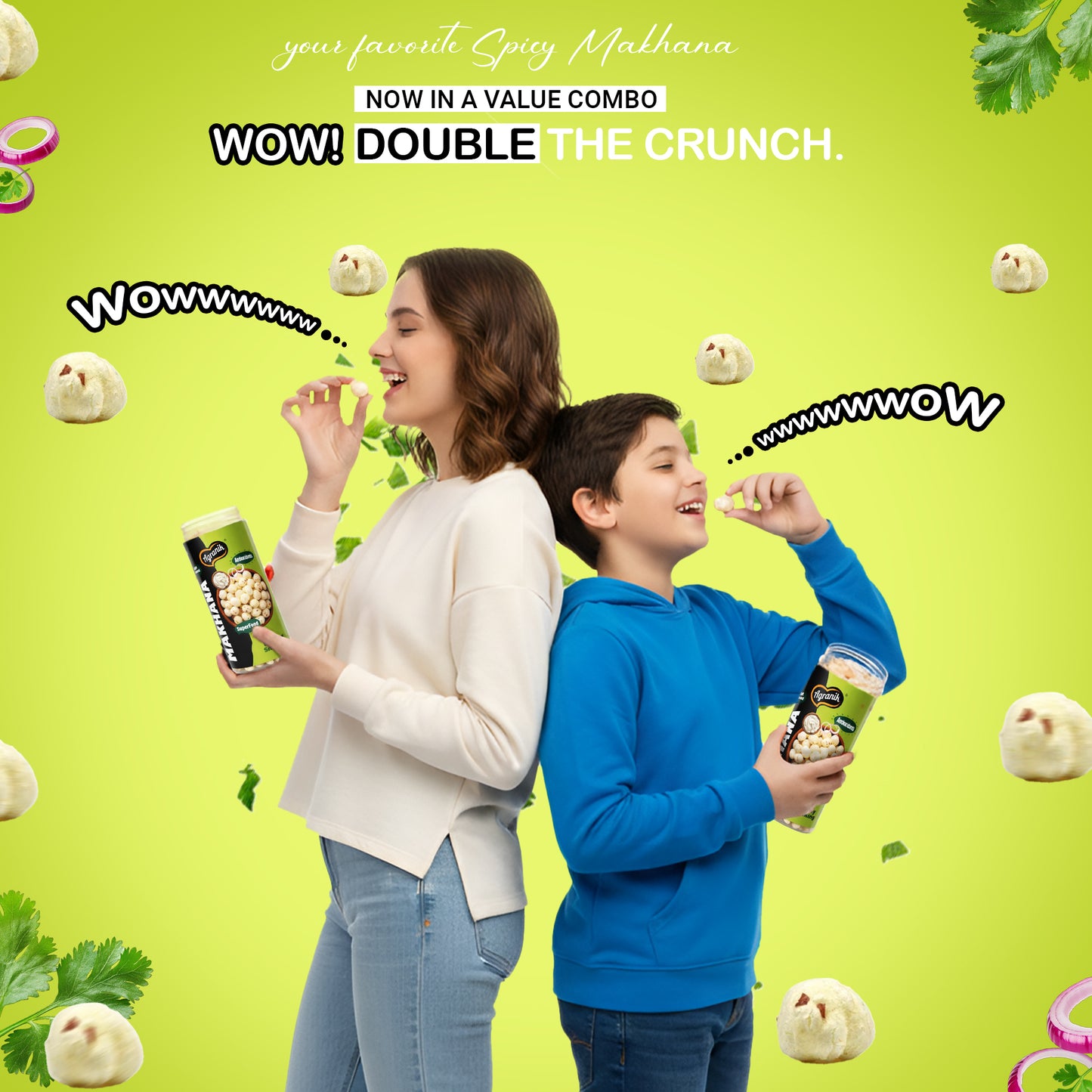 Agranik Healthy snack Roasted Makhana Combo Cream&onion |Goodness of Olive Oil, Low Calorie High Protein Snack For Anytime Snacking - Pack of 2 (79g+79g)