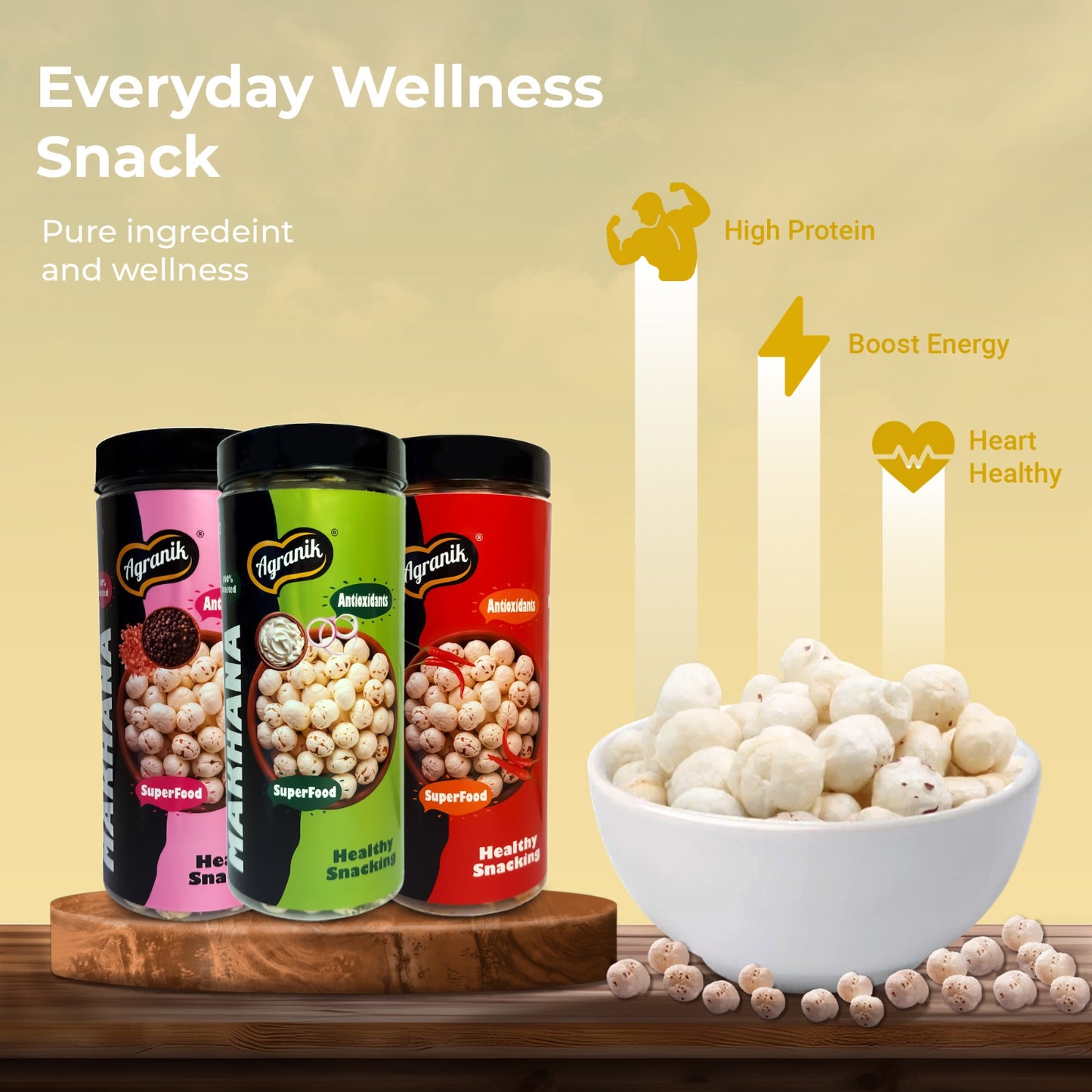 Agranik Healthy Snack Roasted Makhana Combo Peri Peri + Cream & Onion + Himalayan Salt Flavour | Goodness of Olive Oil, Low Calorie High Protein Snack for Anytime Snacking - Pack of 3 (79G x 3)