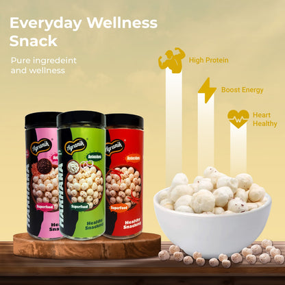 Agranik Healthy Snack Roasted Makhana Combo Peri Peri + Cream & Onion + Himalayan Salt Flavour | Goodness of Olive Oil, Low Calorie High Protein Snack for Anytime Snacking - Pack of 3 (79G x 3)