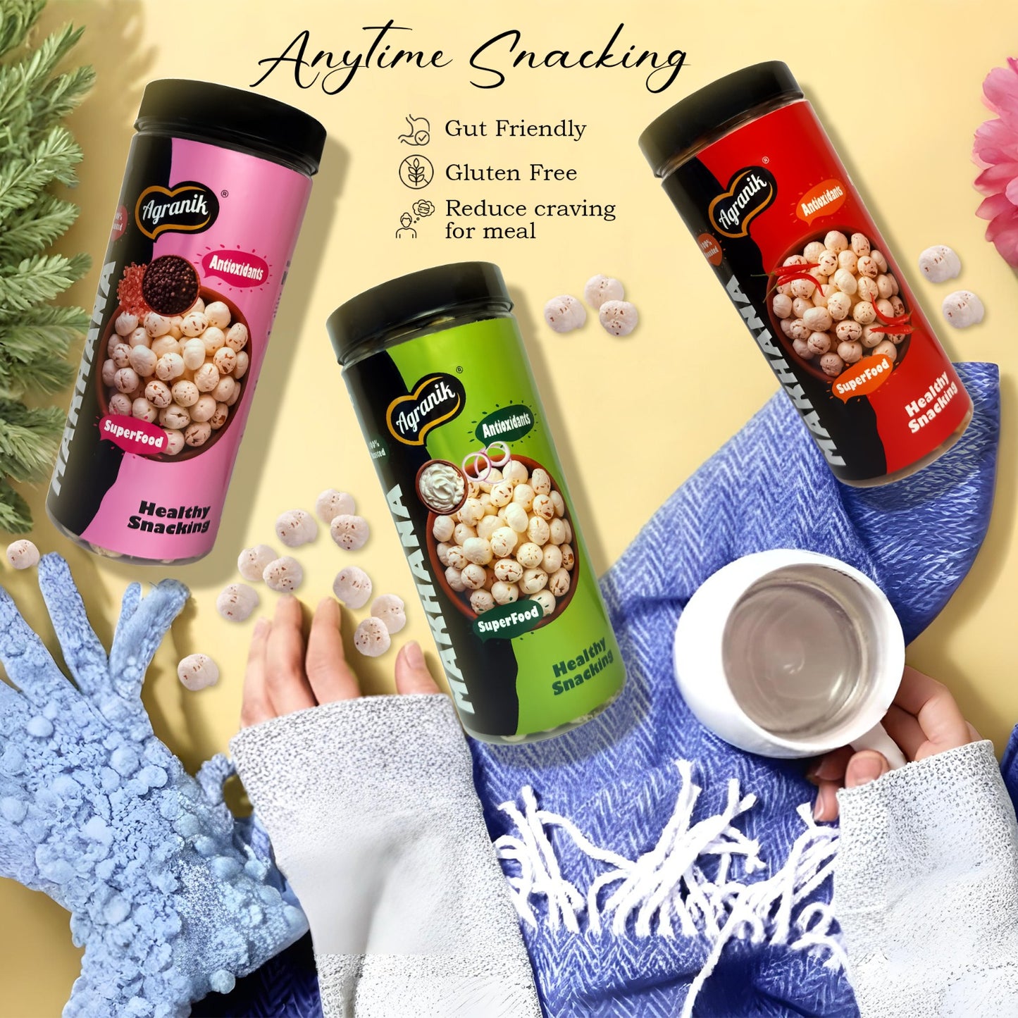 Agranik Healthy Snack Roasted Makhana Combo Peri Peri + Cream & Onion + Himalayan Salt Flavour | Goodness of Olive Oil, Low Calorie High Protein Snack for Anytime Snacking - Pack of 3 (79G x 3)