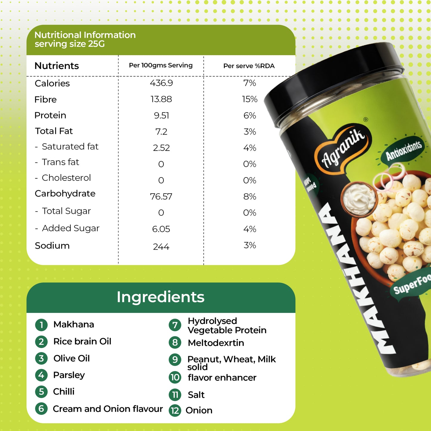 Agranik Healthy snack Roasted Makhana Combo Cream&onion |Goodness of Olive Oil, Low Calorie High Protein Snack For Anytime Snacking - Pack of 2 (79g+79g)