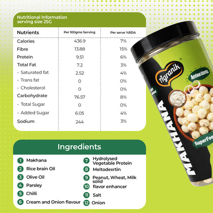 Agranik Healthy snack Roasted Makhana Combo Cream&onion |Goodness of Olive Oil, Low Calorie High Protein Snack For Anytime Snacking - Pack of 2 (79g+79g)