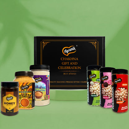 Agranik Celebration Gift Pack, Roasted Makhana, Jaggery Power, Desi Khand and Natural Honey  | Ultimate Healthy Snack and Sweetener Combo Pack For Gifting  - 1737 Gm