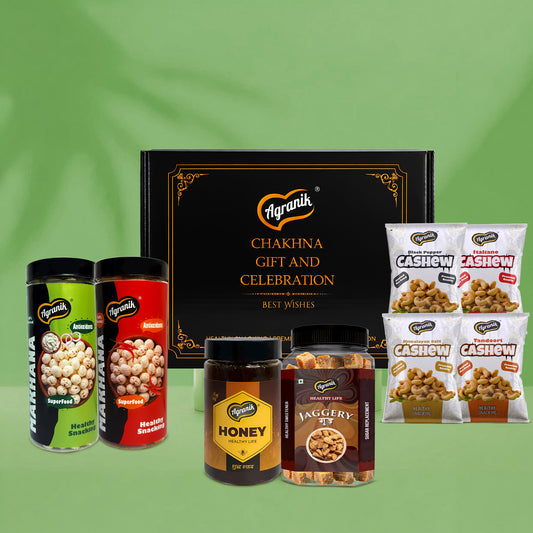 Agranik Celebration Gift Pack, Roasted Makhana, Cashew Jaggery Cubes and Natural | Ultimate Snacks and Sweeterner Pack For Gifting- 1258gm