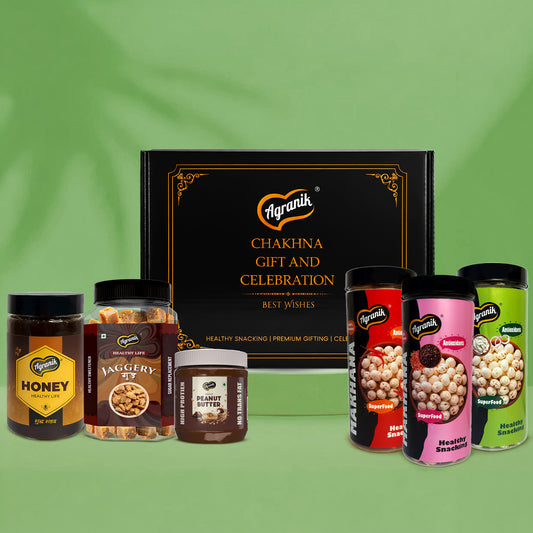 Agranik Celebration Gift Pack Choco Peanut Butter, Roasted Makhana, Natural Himalayan Honey, and Pure Jaggery  | Ultimate Snacks and Sweetener Pack For Gifting-1257gm