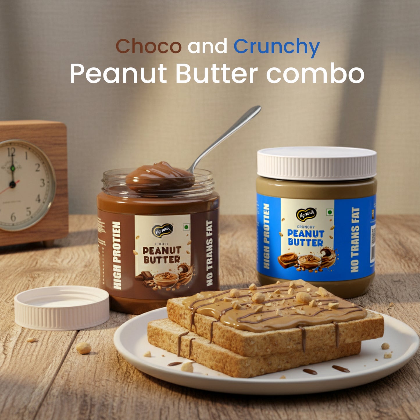 Agranik High Protein Choco Crunchy  and Crunchy Peanut Butter Original Flavour Delicious Spread for Daily Use | Dual Pack Combo-340x2