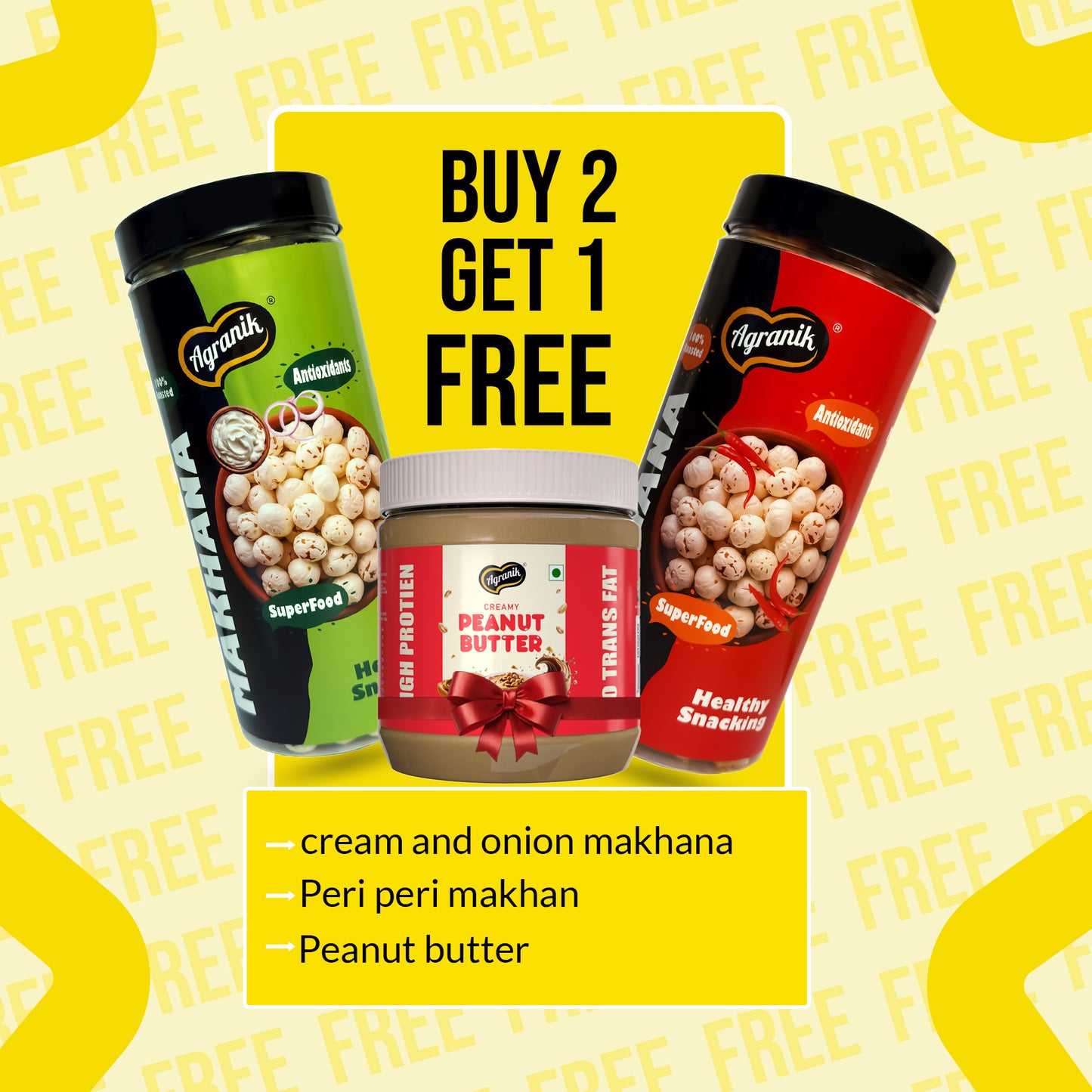 Agranik Roasted Makhana Combo - Peri Peri + Cream & Onion Flavour Dual Combo Pack - (79G x 2) Buy 2 Get 1 Free(Creamy Peanut Butter-340g)