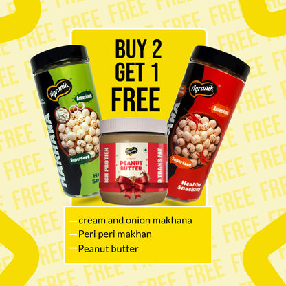 Agranik Roasted Makhana Combo - Peri Peri + Cream & Onion Flavour Dual Combo Pack - (79G x 2) Buy 2 Get 1 Free(Creamy Peanut Butter-340g)