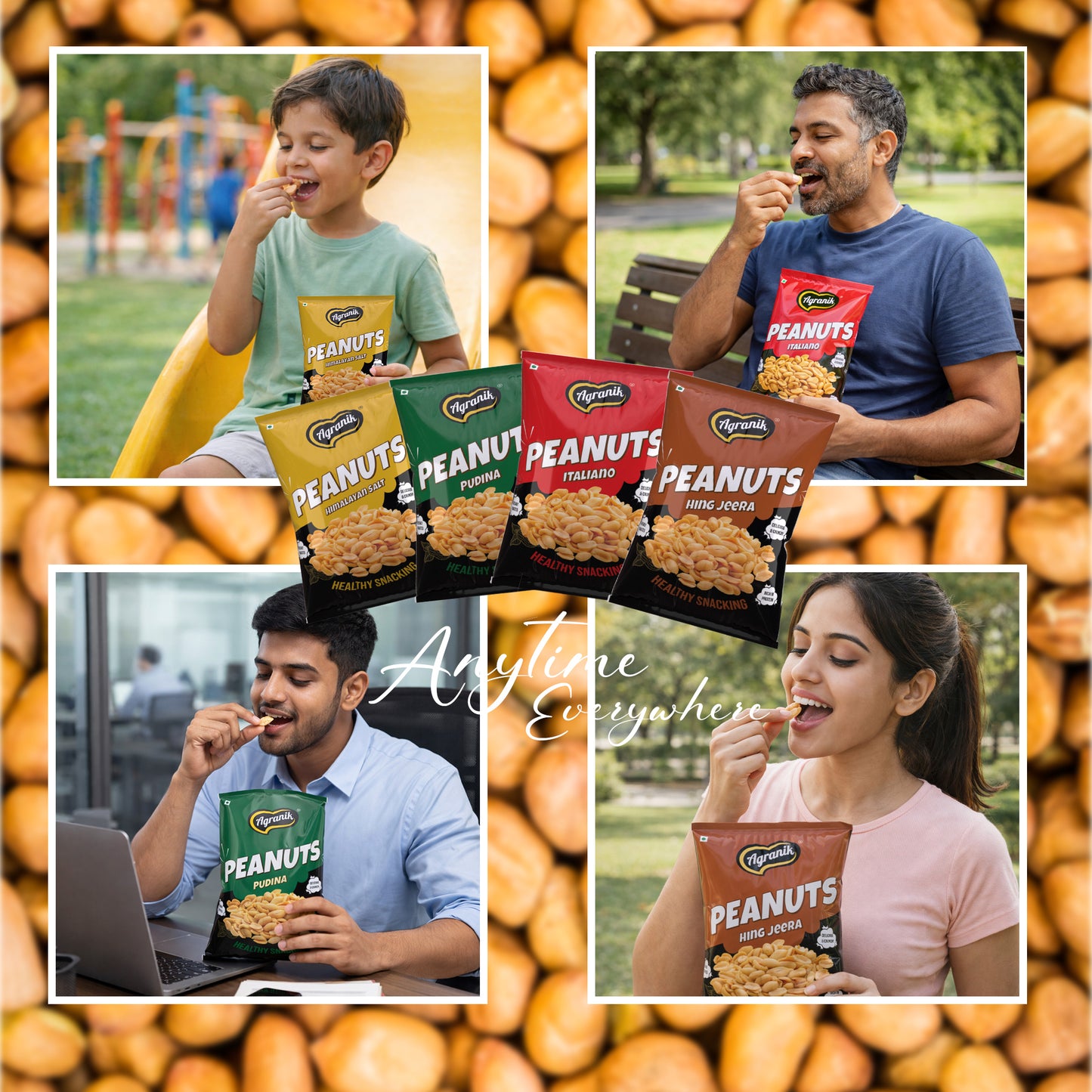 Agranik Roasted Peanut Healthy Snack | Himalayan Salt, Pudina, Hing Jeera, Italiano Flavour | Combo Pack of 4 (75G x 4)