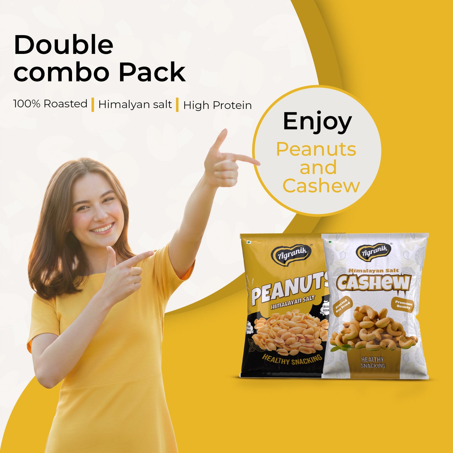 Agranik Healthy Snack Combo Roasted Cashew + Roasted Peanuts Himalayan Salt Flavour | Goodness of Olive Oil,  No Palm Oil, No Preservatives, High Protein Healthy Snack for Daily Use - Pack of 2  (200G Cashew + 200G Peanuts)