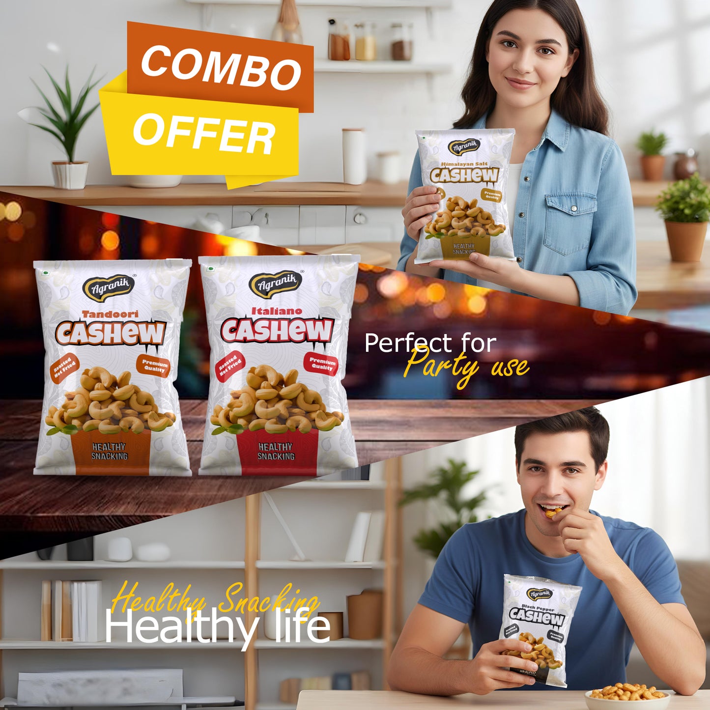 Agranik Roasted Cashew Himalayan Salt + Tandoori + Black Pepper + Italiano Flavour, Premium Healthy Snacking Flavours of Health Combo Pack of 4 (50G x 4)
