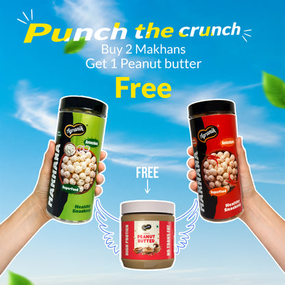 Agranik Roasted Makhana Combo - Peri Peri + Cream & Onion Flavour Dual Combo Pack - (79G x 2) Buy 2 Get 1 Free(Creamy Peanut Butter-340g)