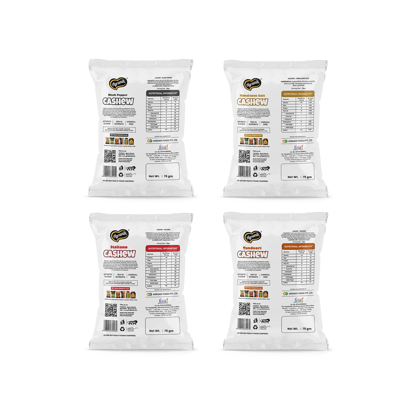 Agranik Roasted Cashew Himalayan Salt + Tandoori + Black Pepper + Italiano Flavour, Premium Healthy Snacking Flavours of Health Combo Pack of 4 (50G x 4)