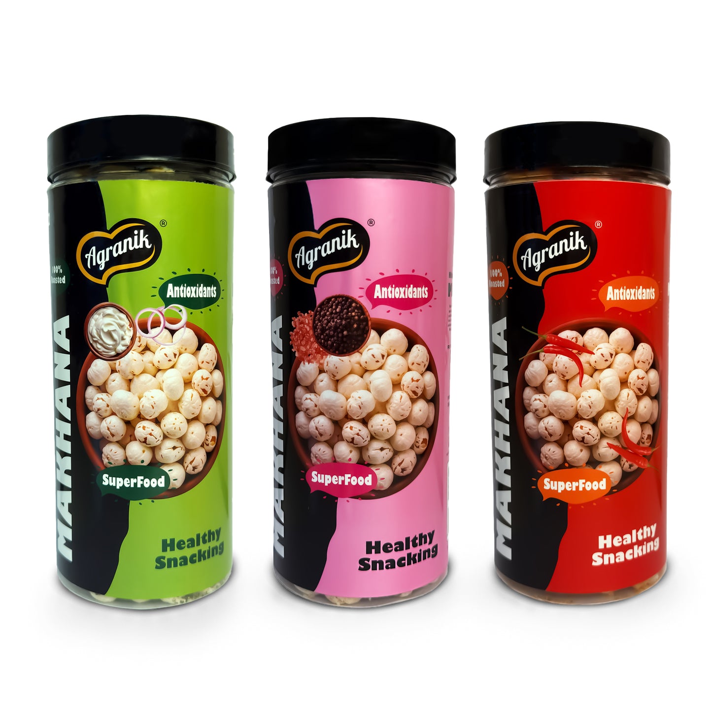 Agranik Healthy Snack Roasted Makhana Combo Peri Peri + Cream & Onion + Himalayan Salt Flavour | Goodness of Olive Oil, Low Calorie High Protein Snack for Anytime Snacking - Pack of 3 (79G x 3)