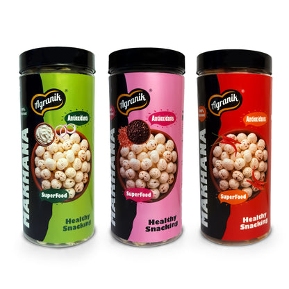 Agranik Healthy Snack Roasted Makhana Combo Peri Peri + Cream & Onion + Himalayan Salt Flavour | Goodness of Olive Oil, Low Calorie High Protein Snack for Anytime Snacking - Pack of 3 (79G x 3)