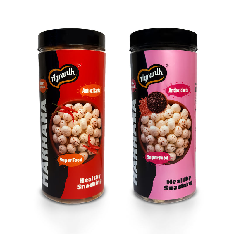 Agranik Healthy Snack Roasted Makhana peri-peri and himalayan salt Flavour | Goodness of Olive Oil, Low Calorie, High Protein Snack for Anytime Snacking (79g+79g)