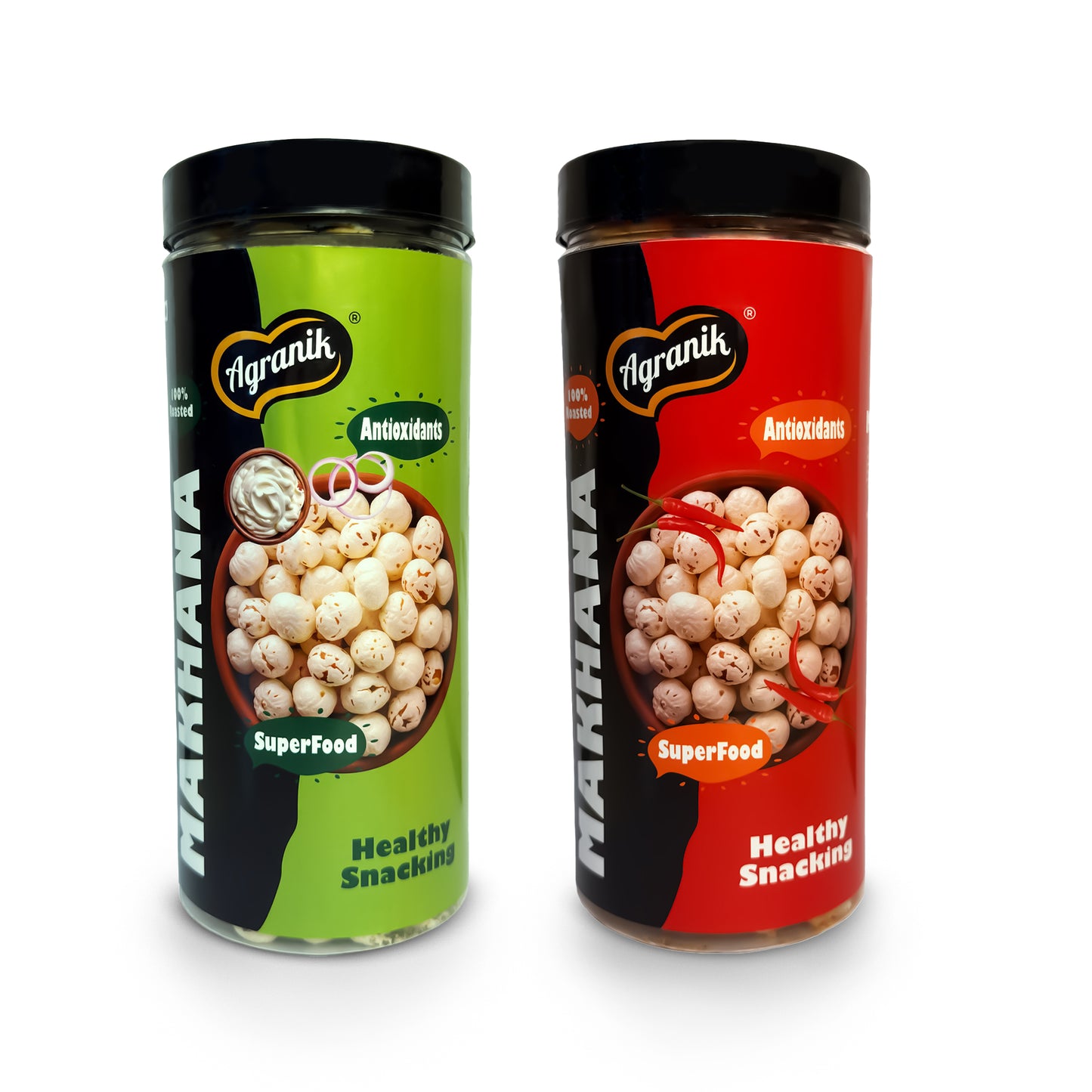 Agranik Healthy Snack Roasted Makhana peri-peri and Cream&Onion Flavour | Goodness of Olive Oil, Low Calorie, High Protein Snack for Anytime Snacking (79g+79g)