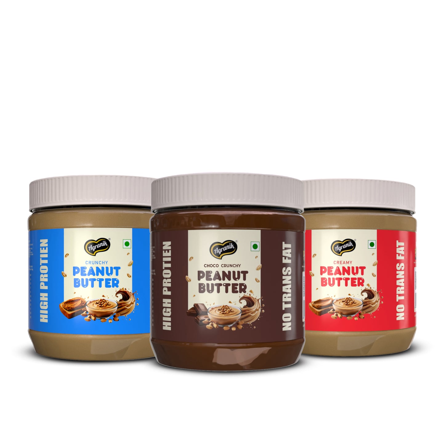 Agranik High Protein Peanut Butter Combo Crunchy + Creamy + Choco Crunchy Flavour| No Palm Oil, No Preservatives | Healthy Spread for Daily Use with Natural Goodness - Pack of 3 (340G x 3)