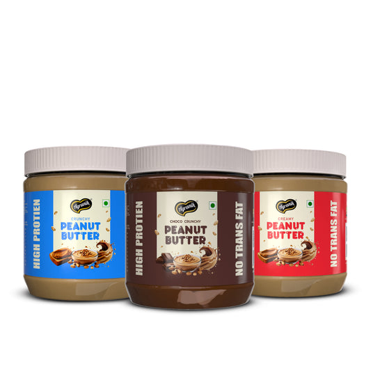 Agranik High Protein Peanut Butter Combo Crunchy + Creamy + Choco Crunchy Flavour| No Palm Oil, No Preservatives | Healthy Spread for Daily Use with Natural Goodness - Pack of 3 (340G x 3)