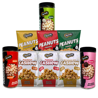 Agranik Healthy Snack Combo Roasted Makhana + Roasted Cashew + Roasted Peanuts Multiflavour Combo Pack of 9 (79Gx3 Makhana, 50Gx3 Cashews, 75G x 3 Peanuts)