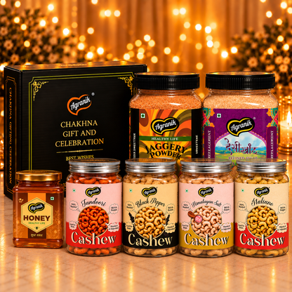 Agranik Celebration Gift Pack Set 1 Premium Roasted Cashew Four Flavours 4x160g (Tandoori, Italiano, Black Pepper, Himalayan Salt), Jaggery Powder 700g, Himalayan Honey 500g, Desi Khand 700g