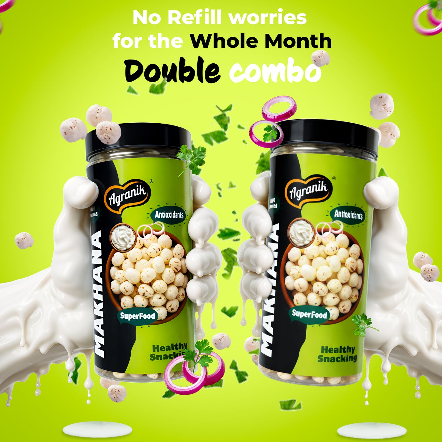 Agranik Healthy snack Roasted Makhana Combo Cream&onion |Goodness of Olive Oil, Low Calorie High Protein Snack For Anytime Snacking - Pack of 2 (79g+79g)