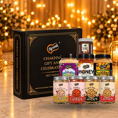 Agranik Celebration Gift Pack Set Premium Roasted Cashew Four Flavours 4x160g (Tandoori, Italiano, Black Pepper, Himalayan Salt), Jaggery Powder 700g, Himalayan Honey 1250g, Desi Khand 700g, Choco Crunchy Peanut Butter 340g
