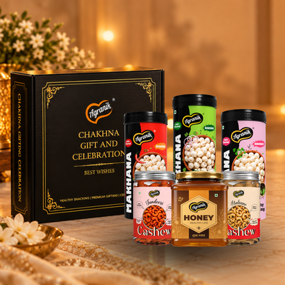 Agranik Celebration Gift Pack Set Premium Roasted Makhana 79g x 3 (Peri Peri, Cream & Onion and Himalayan Salt Flavour), Roasted Cashew 160g x 2 (Tandoori and Italiano Flavour), Himalayan Honey 500g