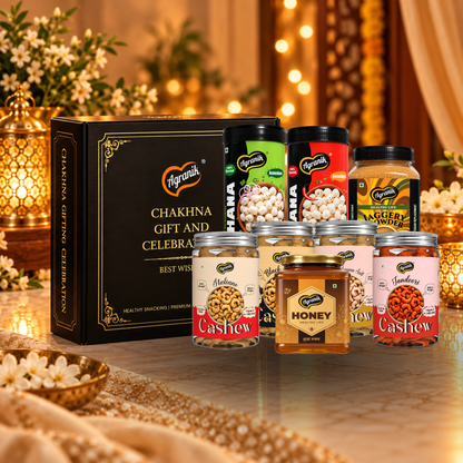 Agranik Celebration Gift Pack Set Premium Roasted Makhana 79g x 2 (Peri Peri and Cream & Onion  Flavour), Roasted Cashew 160g x 4 (Tandoori, Himalayan Salt, Black Pepper and Italiano Flavour), Himalayan Honey 500g, Jaggery Powder 700g