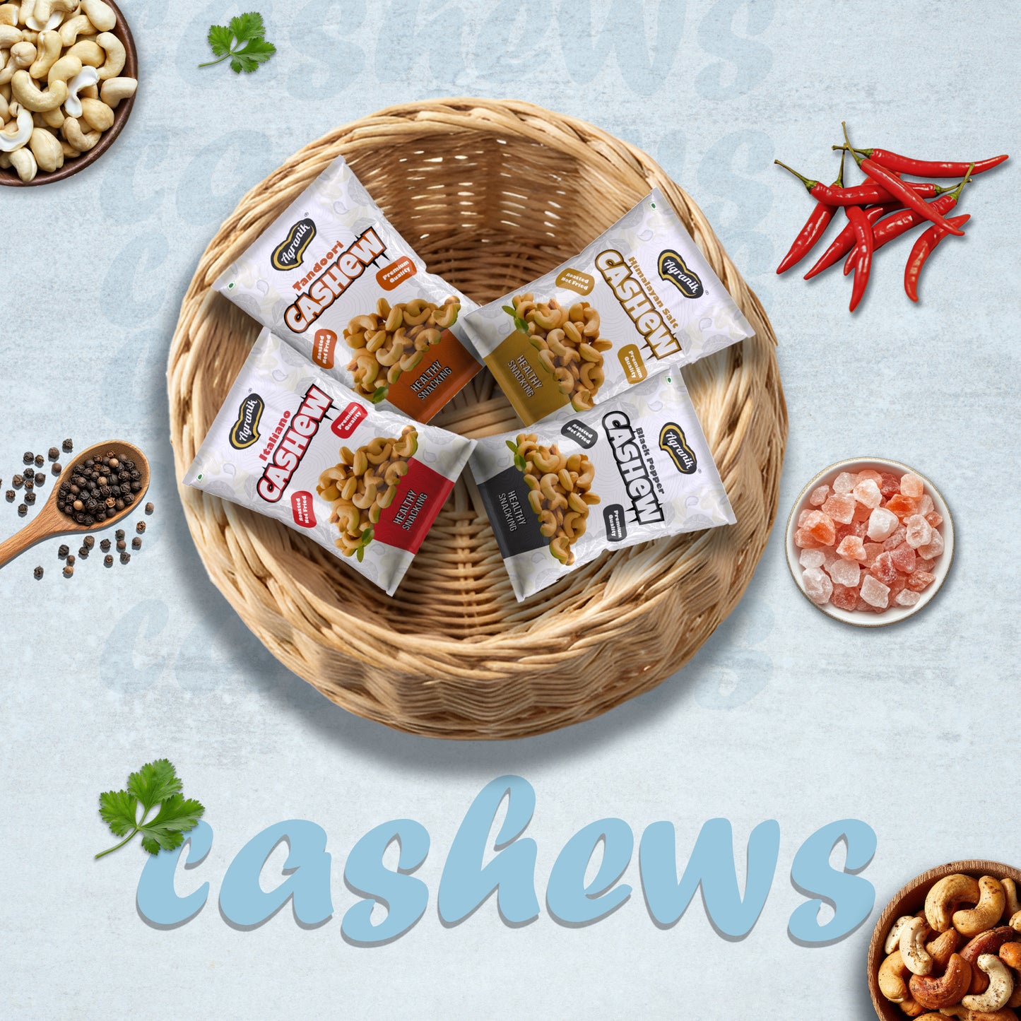 Agranik Roasted Cashew Himalayan Salt + Tandoori + Black Pepper + Italiano Flavour, Premium Healthy Snacking Flavours of Health Combo Pack of 4 (50G x 4)
