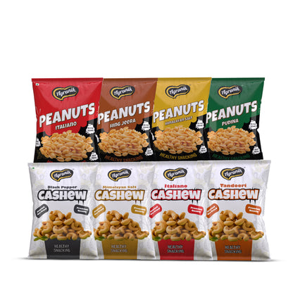 Agranik Healthy Snack Combo Roasted Cashew + Roasted Peanuts Multiflavour Combo | No Palm Oil, No Preservatives | High Protein Snack for Anytime Snacking - Pack of 8 (75G x 4 Peanuts + 50G x 4 Cashews)