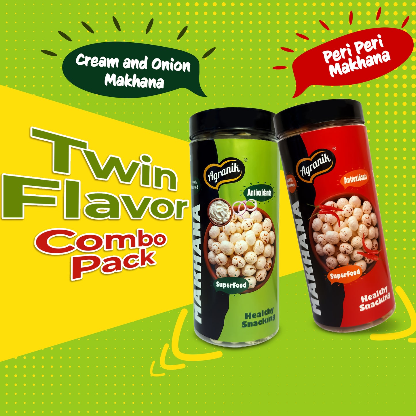 Agranik Healthy Snack Roasted Makhana peri-peri and Cream&Onion Flavour | Goodness of Olive Oil, Low Calorie, High Protein Snack for Anytime Snacking (79g+79g)