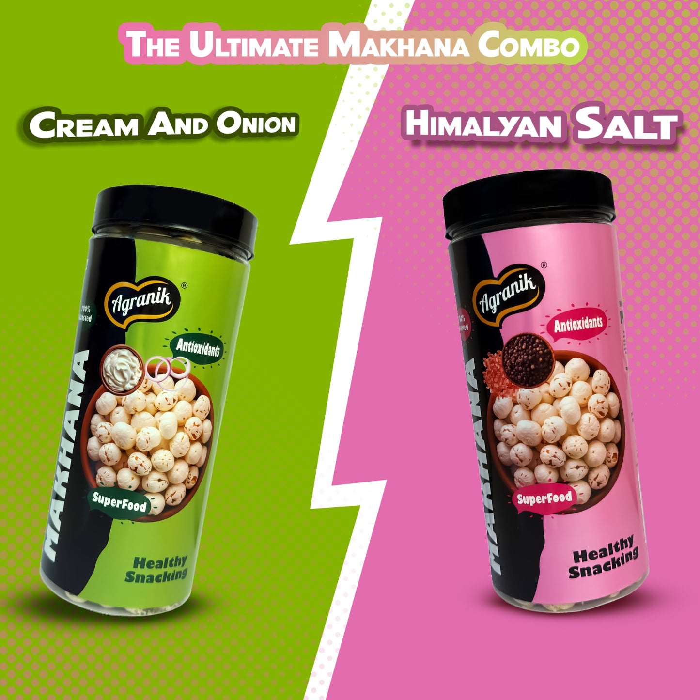 Agranik Healthy Snack Roasted Makhana cream & onion and himalayan salt Flavour | Goodness of Olive Oil, Low Calorie, High Protein Snack for Anytime Snacking (79g+79g)