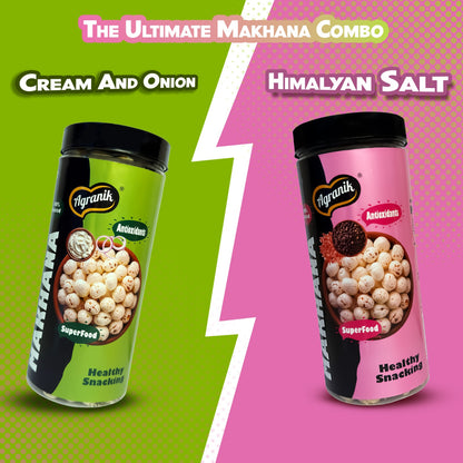 Agranik Healthy Snack Roasted Makhana cream & onion and himalayan salt Flavour | Goodness of Olive Oil, Low Calorie, High Protein Snack for Anytime Snacking (79g+79g)