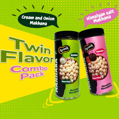 Agranik Healthy Snack Roasted Makhana cream & onion and himalayan salt Flavour | Goodness of Olive Oil, Low Calorie, High Protein Snack for Anytime Snacking (79g+79g)