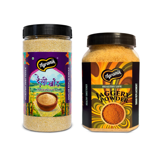 Agranik Healthy Sweeteners Combo Pure Jaggery Powder + Desi Khand Dual Combo Pack | 100% Chemical Free and Naturally Processed Healthy Sweeteners Best Alternative for Refined Sugar  (700G + 700G)