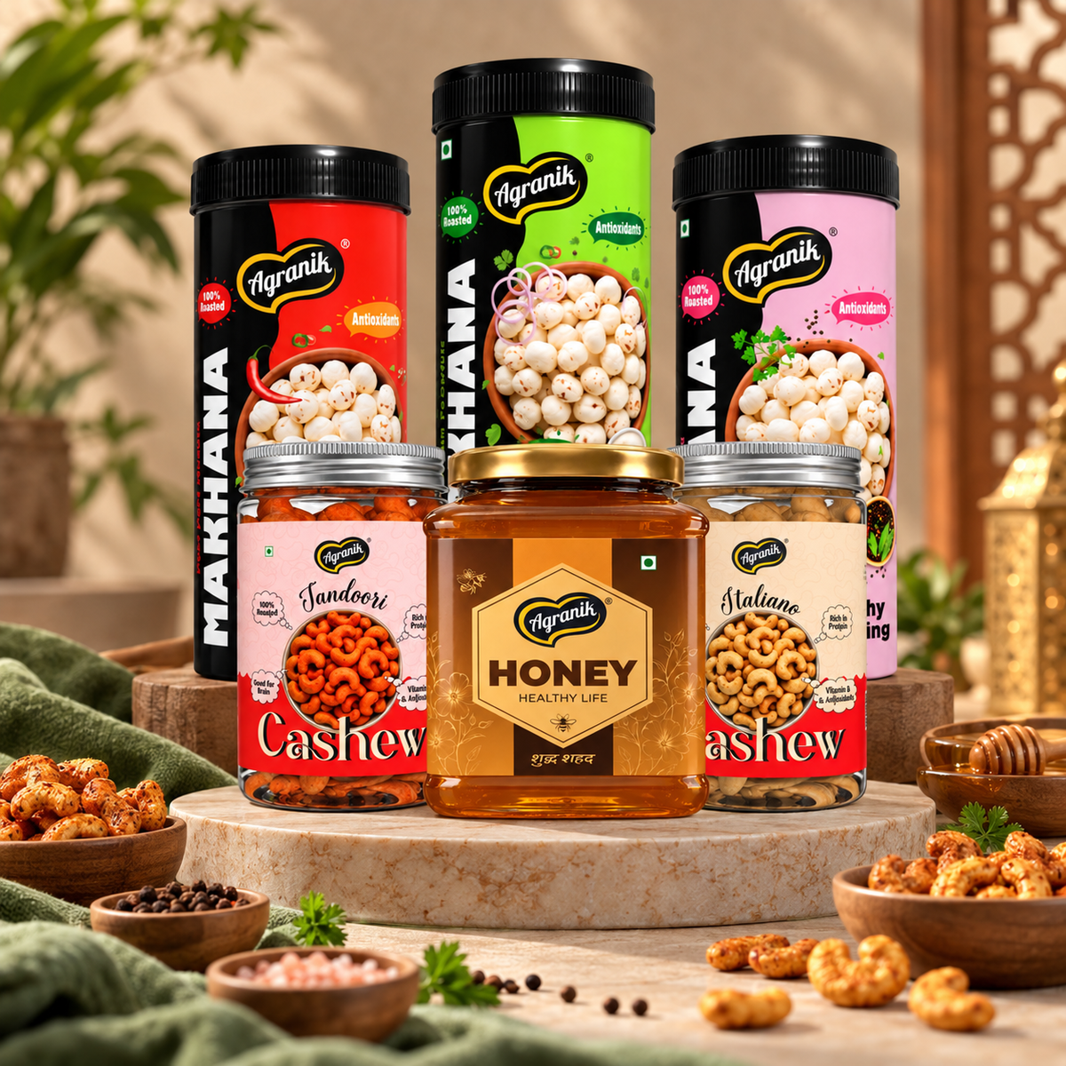 Agranik Celebration Gift Pack Set Premium Roasted Makhana 79g x 3 (Peri Peri, Cream & Onion and Himalayan Salt Flavour), Roasted Cashew 160g x 2 (Tandoori and Italiano Flavour), Himalayan Honey 500g