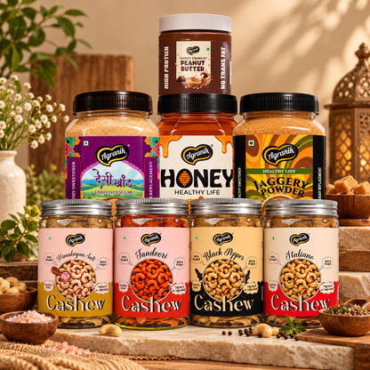Agranik Celebration Gift Pack Set Premium Roasted Cashew Four Flavours 4x160g (Tandoori, Italiano, Black Pepper, Himalayan Salt), Jaggery Powder 700g, Himalayan Honey 1250g, Desi Khand 700g, Choco Crunchy Peanut Butter 340g