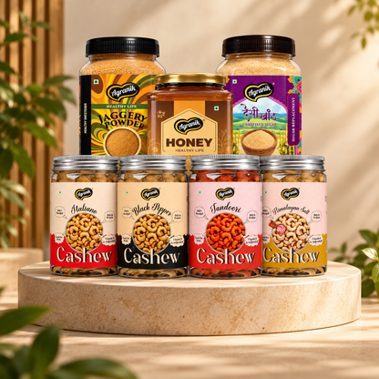 Agranik Celebration Gift Pack Set 1 Premium Roasted Cashew Four Flavours 4x160g (Tandoori, Italiano, Black Pepper, Himalayan Salt), Jaggery Powder 700g, Himalayan Honey 500g, Desi Khand 700g