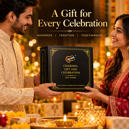 Agranik Celebration Gift Pack Set Premium Roasted Cashew Four Flavours 4x160g (Tandoori, Italiano, Black Pepper, Himalayan Salt), Jaggery Powder 700g, Himalayan Honey 1250g, Desi Khand 700g, Choco Crunchy Peanut Butter 340g