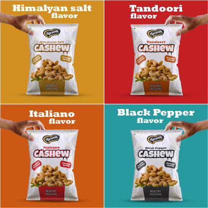 Agranik Roasted Cashew Himalayan Salt + Tandoori + Black Pepper + Italiano Flavour, Premium Healthy Snacking Flavours of Health Combo Pack of 4 (50G x 4)