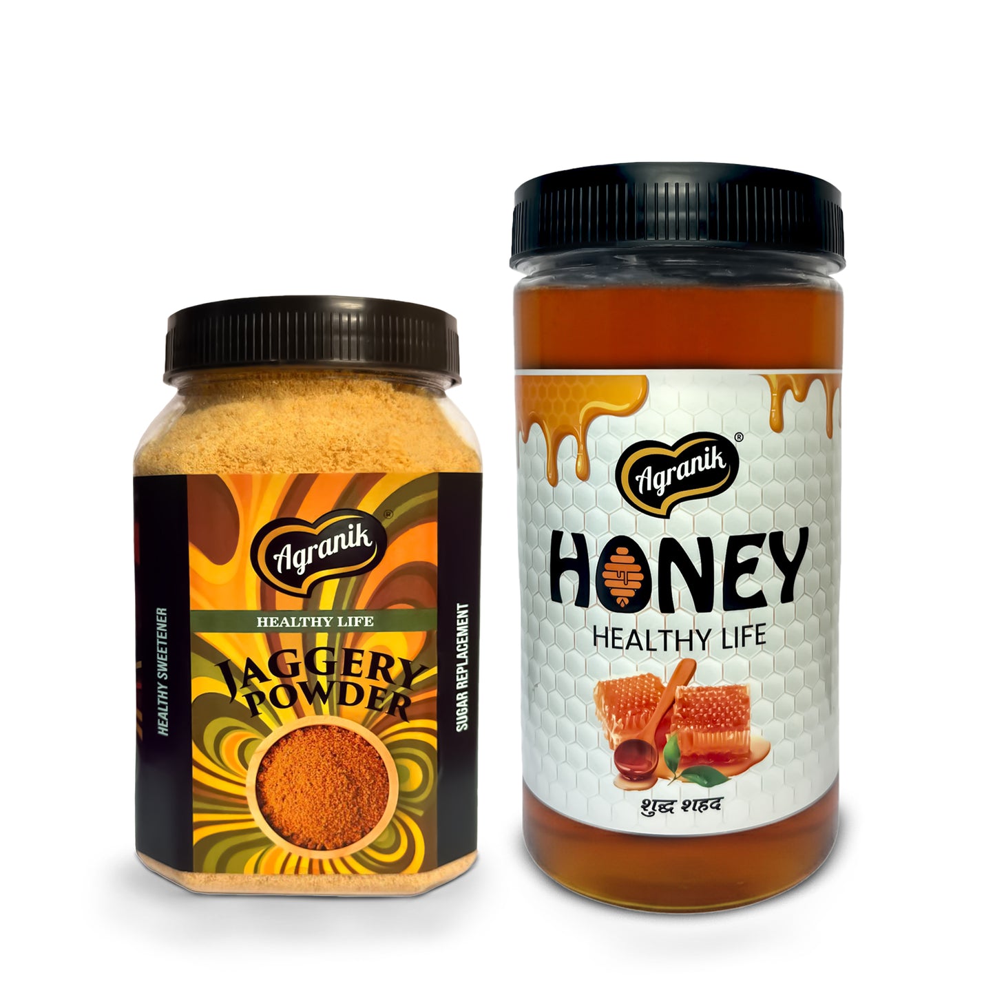 Agranik Sweetener Dual Combo Pure Jaggery Powder + Himalayan Honey | Goodness of Natural Sweeteners, 100% Chemical Free and Naturally Processed (700G Jaggery Powder  +  450G Honey)