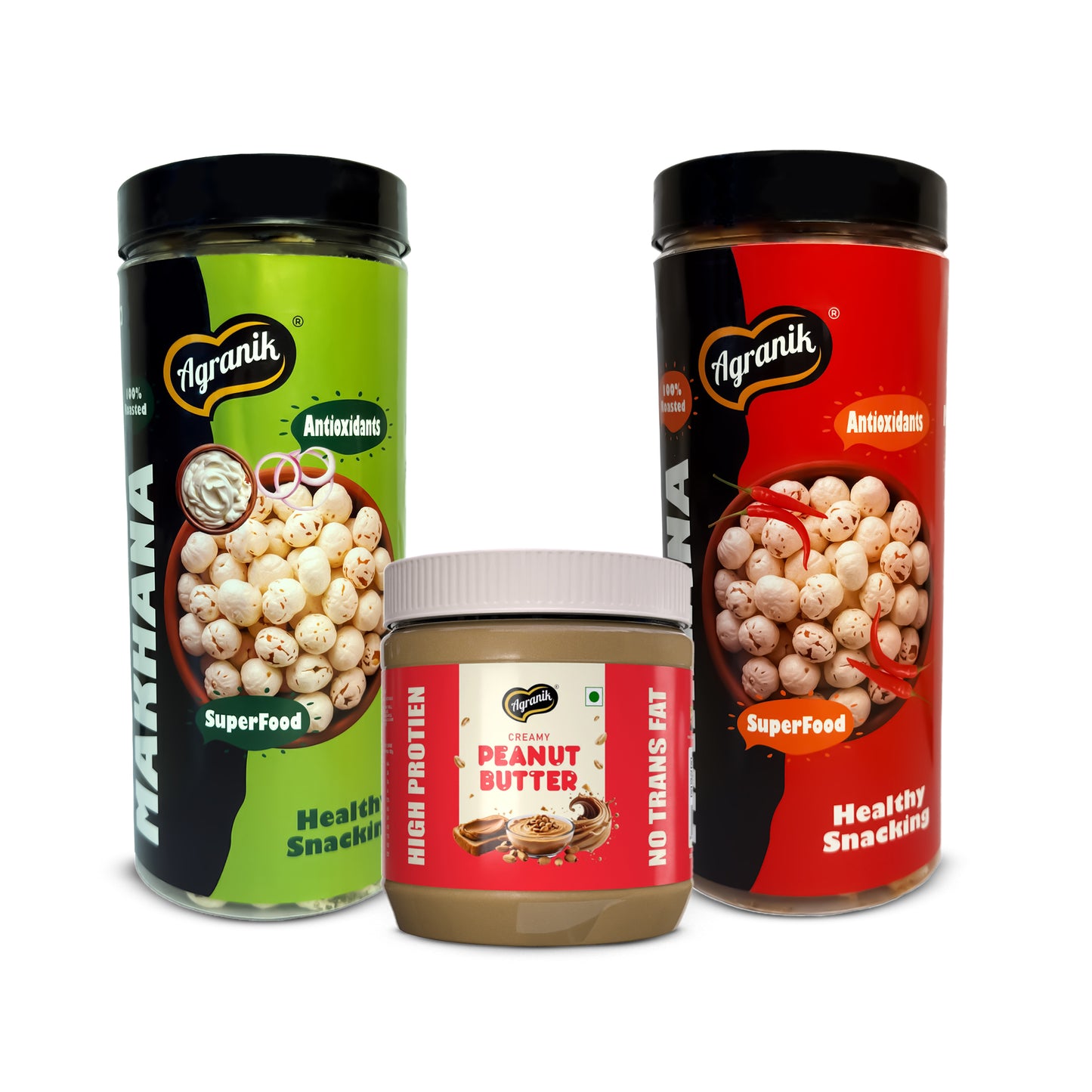 Agranik Roasted Makhana Combo - Peri Peri + Cream & Onion Flavour Dual Combo Pack - (79G x 2) Buy 2 Get 1 Free(Creamy Peanut Butter-340g)