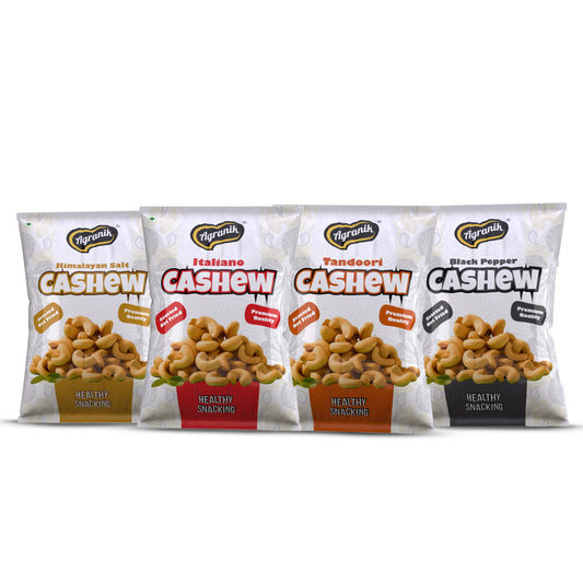 Agranik Roasted Cashew Himalayan Salt + Tandoori + Black Pepper + Italiano Flavour, Premium Healthy Snacking Flavours of Health Combo Pack of 4 (50G x 4)