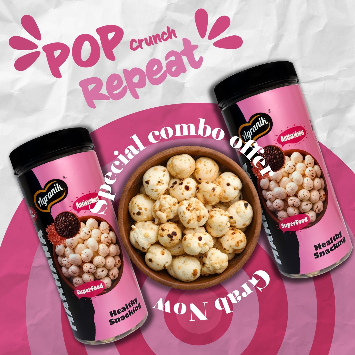 Agranik Healthy snack Roasted Makhana Combo Himalayan salt|Goodness of Olive Oil, Low Calorie High Protein Snack For Anytime Snacking - Pack of 2 (79g+79g)